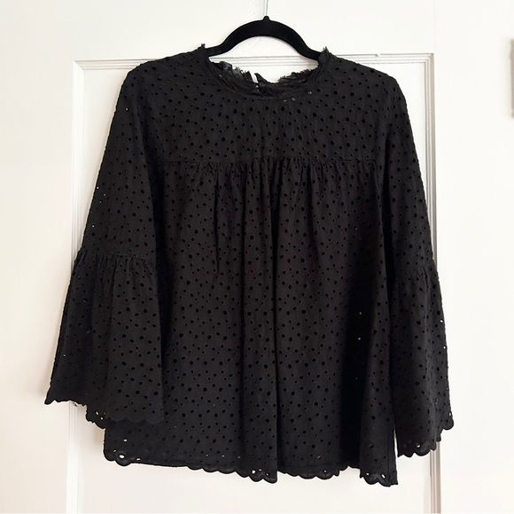 Velvet Eyelet Black Blouse With Bell Sleeves - Picture 1 of 8